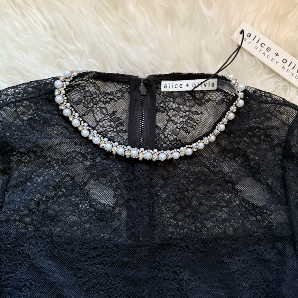 New! ALICE + OLIVIA “Delora” Embellished Neck Black Lace Mini Dress - Picture 8 of 11